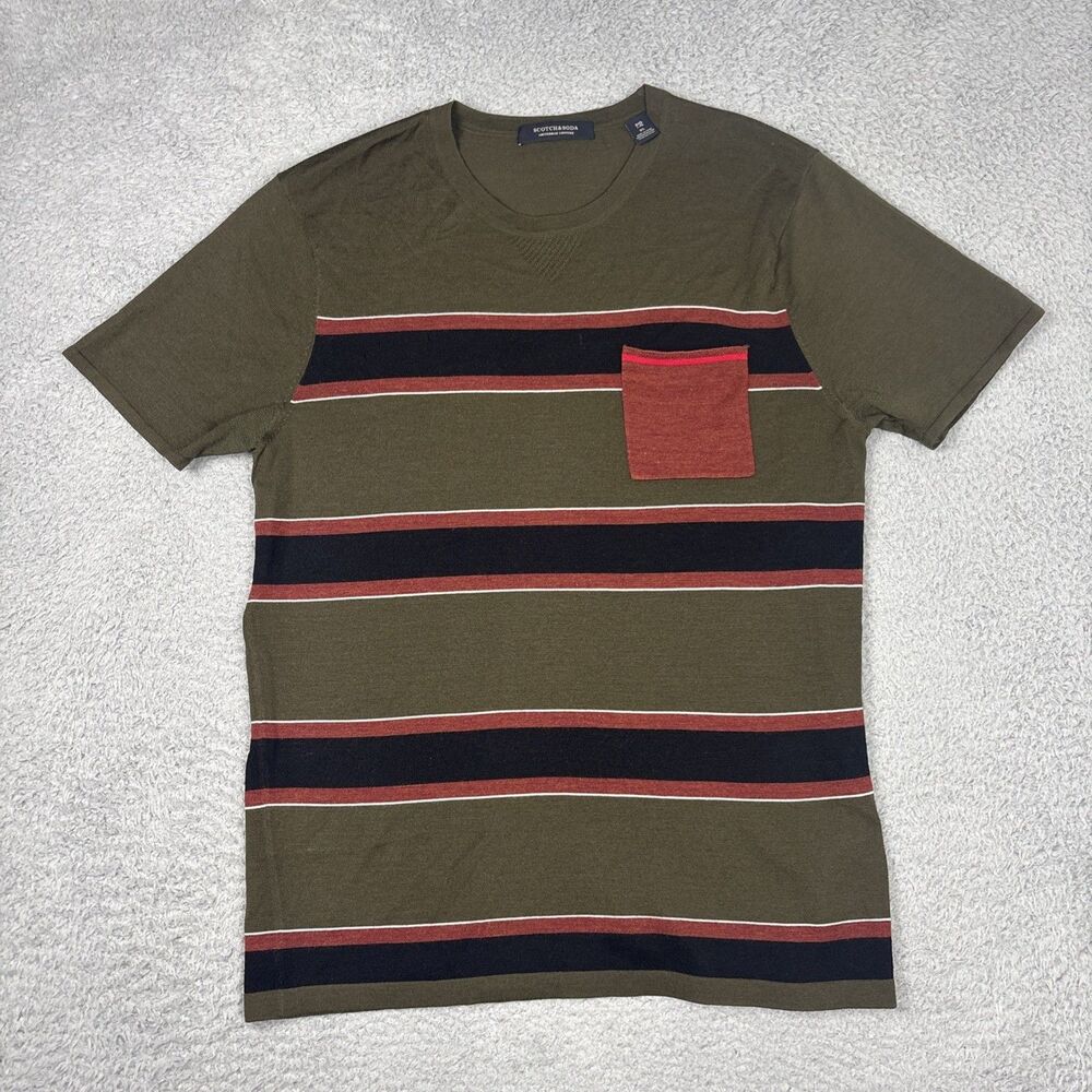 Scotch & Soda Couture Wool Green Black Brown Striped Short Sleeve Shirt Size XL